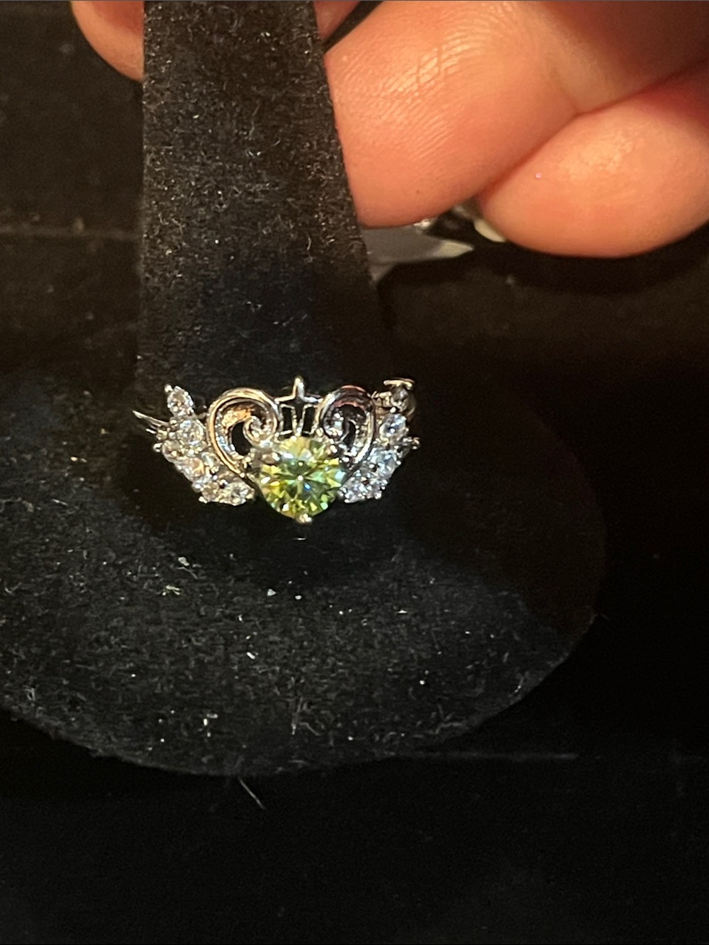 Silver Tiara Heart Ring with Green moisenite Center Stone